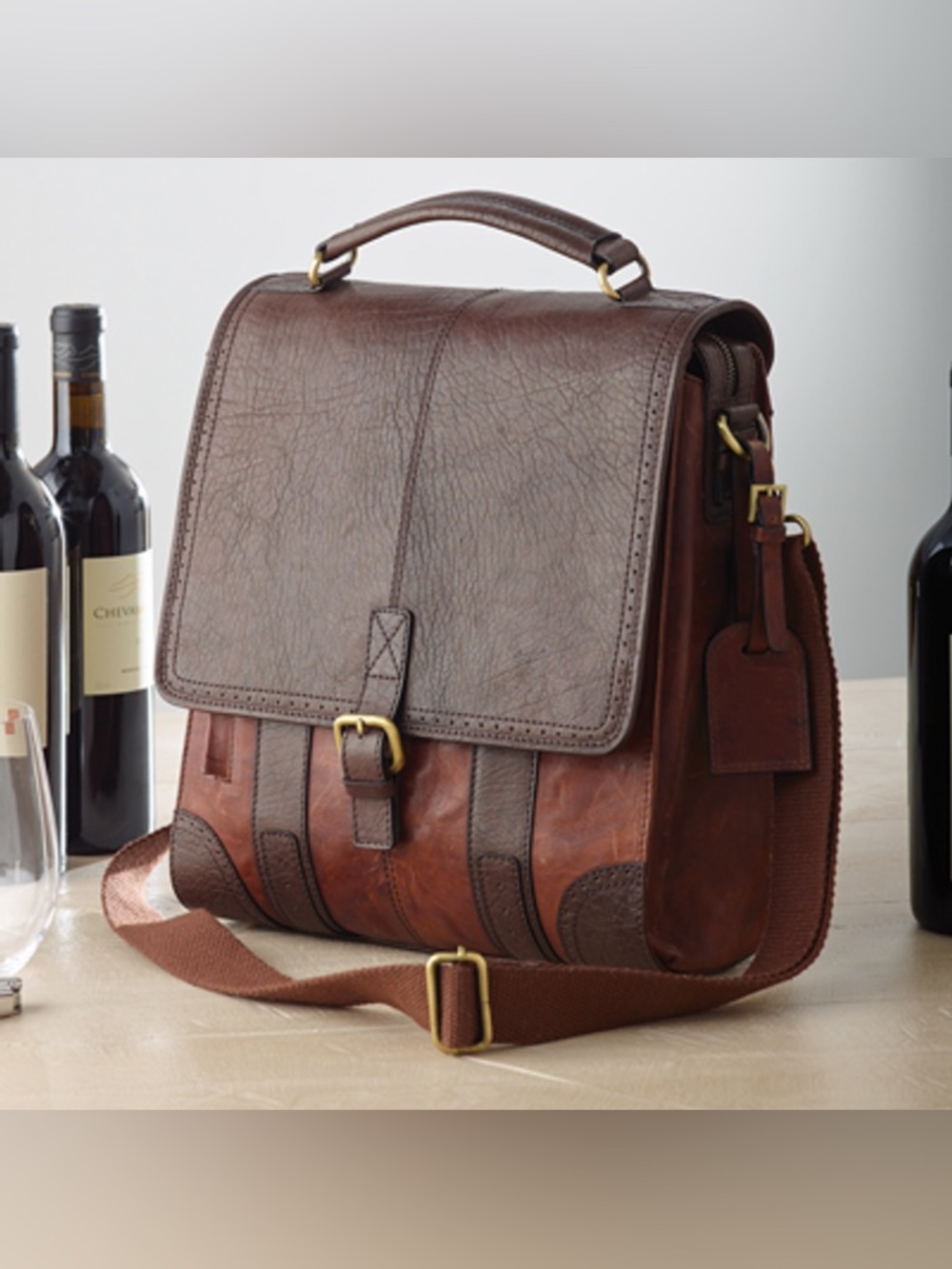 Wine Enthusiast BYO  3-Bottle Leather Wine Tote Bag